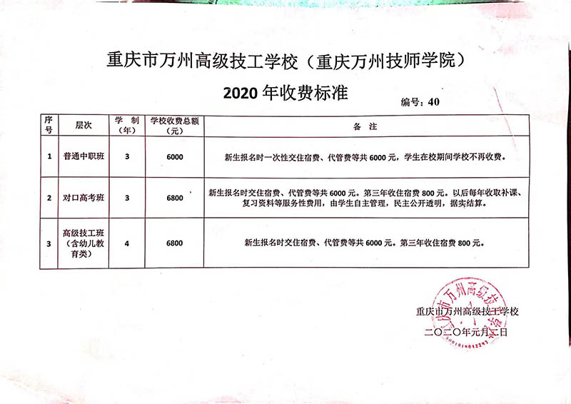 重庆市万州高级技工学校2020年收费标准公示
