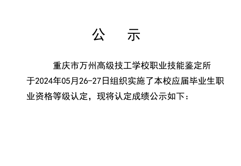 20240526重庆市万州高级技工学校第4批成绩公示